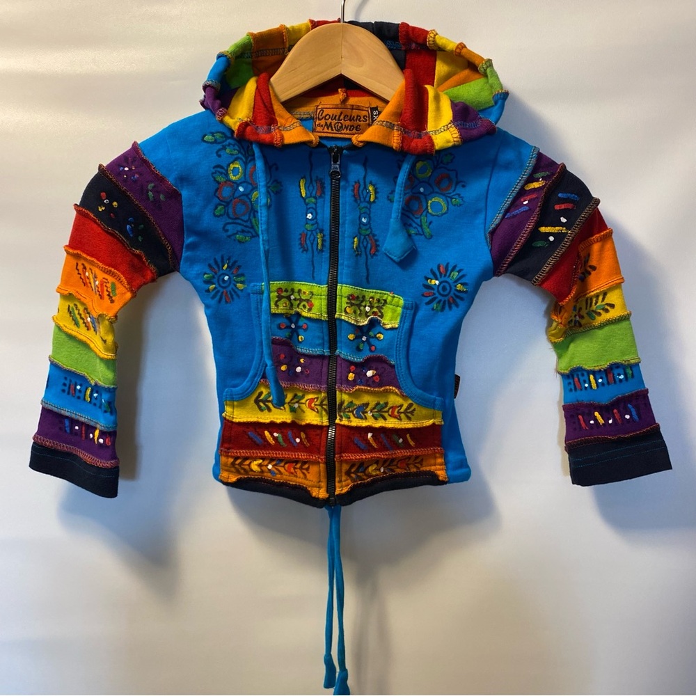 Sz XS- Kids Colorful Patchwork Zip Up Hoodie